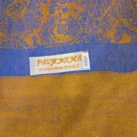 Pashmina Paisley Jaquard Scarf Pashmina Silk Blue Gold Tan - Picture 2 of 3